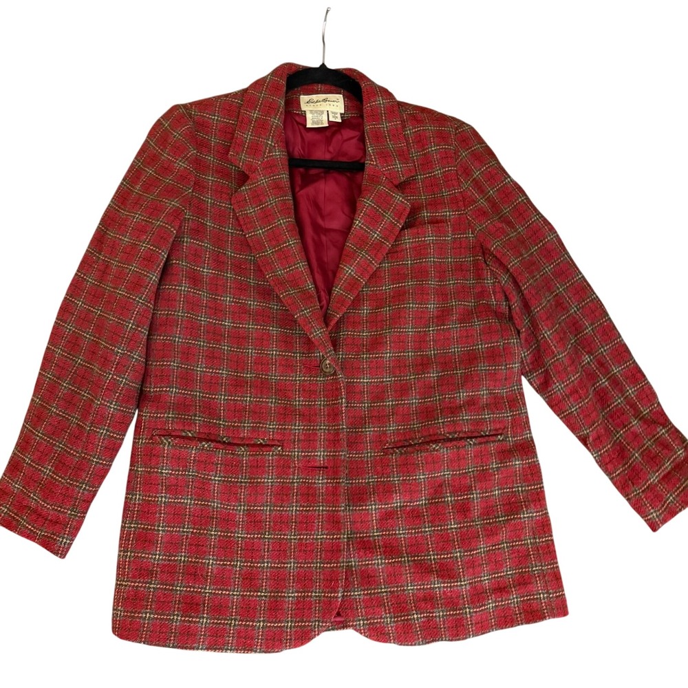 Eddie Bauer Vintage Red Plaid Wool Blazer Jacket Womens Small Petite SP